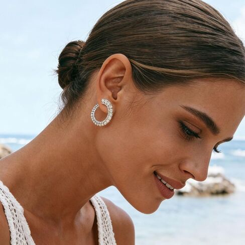 D-Color VVS1 Moissanite Hoop Earrings for Women 1 Pair 925 Sterling Silver Earrings Double Row Round Cut Pave Daily Wedding in Saudi Arabia
