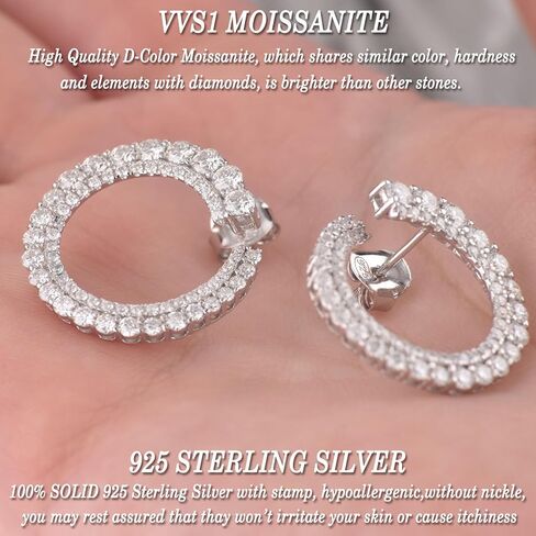 D-Color VVS1 Moissanite Hoop Earrings for Women 1 Pair 925 Sterling Silver Earrings Double Row Round Cut Pave Daily Wedding in Saudi Arabia