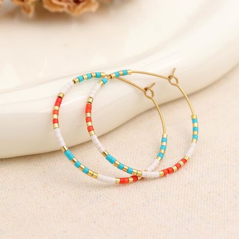 Gold Colorful Beaded Hoop Earrings for Women, Boho Handmade Rainbow Small Beads Circle Hoops Earings Hypoallergenic Holiday Prom Jewelry Gift in Saudi Arabia