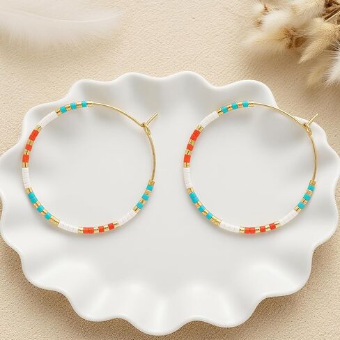 Gold Colorful Beaded Hoop Earrings for Women, Boho Handmade Rainbow Small Beads Circle Hoops Earings Hypoallergenic Holiday Prom Jewelry Gift in Saudi Arabia
