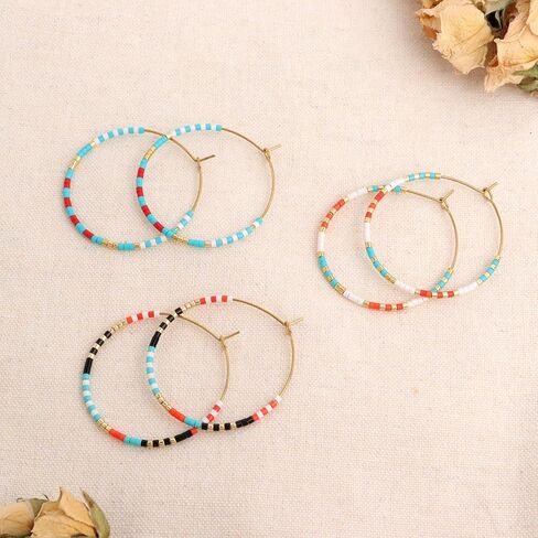 Gold Colorful Beaded Hoop Earrings for Women, Boho Handmade Rainbow Small Beads Circle Hoops Earings Hypoallergenic Holiday Prom Jewelry Gift in Saudi Arabia