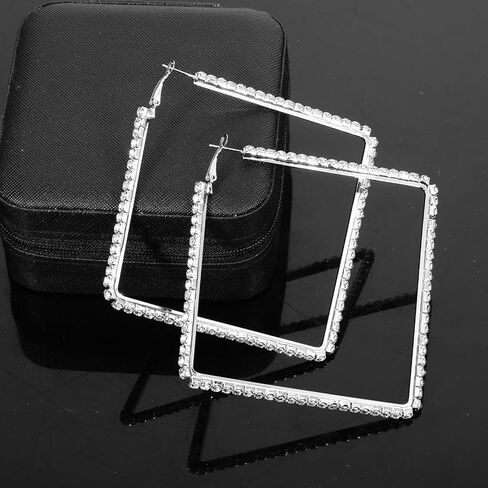 Exaggerate Big Crystal DiamondHoop Earrings, Large Rhinestone Hoops, Sparkly Big Hoop Earring, Women Party Dance Fashion Jewelry, Women Fashion Wedding Accessories for Sensitive Ears (100mm, Sliver) in Kuwait