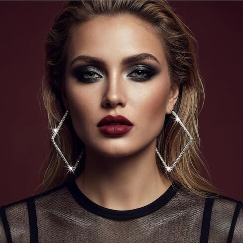 Exaggerate Big Crystal DiamondHoop Earrings, Large Rhinestone Hoops, Sparkly Big Hoop Earring, Women Party Dance Fashion Jewelry, Women Fashion Wedding Accessories for Sensitive Ears (100mm, Sliver) in Kuwait