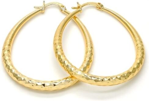 Women's 14K Gold Layered Oval Hoop Earrings Diamond Cut Finish Tear Drop Shape Hollow 4mm (50X40mm) in Kuwait