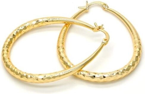 Women's 14K Gold Layered Oval Hoop Earrings Diamond Cut Finish Tear Drop Shape Hollow 4mm (50X40mm) in Kuwait