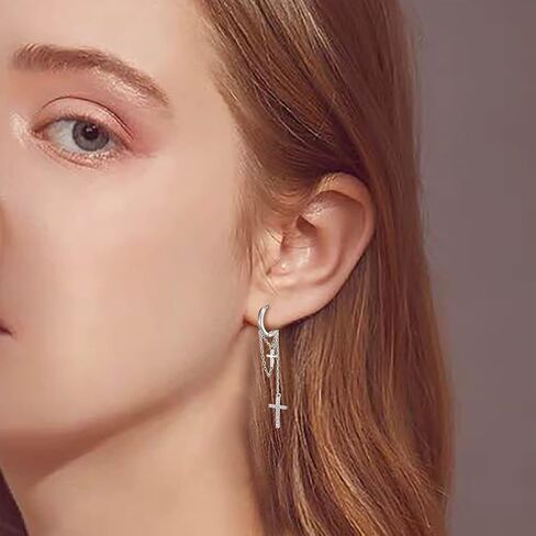 EVER FAITH Tassel Long Chain Earrings, 925 Sterling Silver White CZ Double Cross Dangle Hoop Earrings for Women in Saudi Arabia