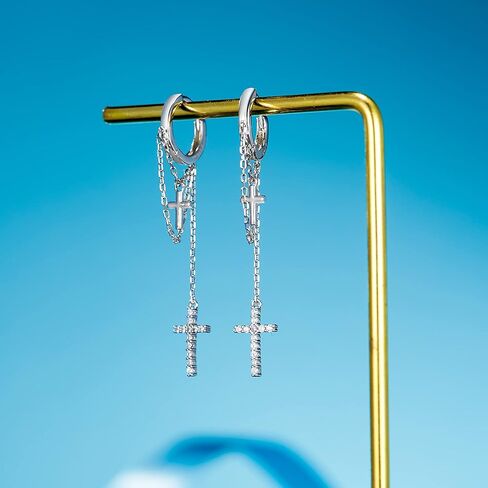 EVER FAITH Tassel Long Chain Earrings, 925 Sterling Silver White CZ Double Cross Dangle Hoop Earrings for Women in Saudi Arabia