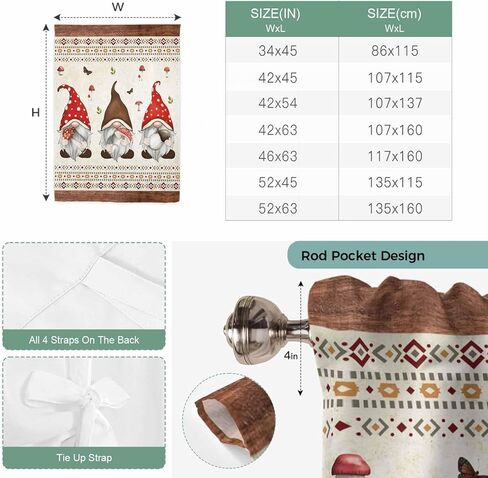 Boho Gnomes Tie Up Curtains for Window, Farmhouse Vintage Geometric Mushroom Brown Thermal Insulated Balloon Shade Adjustable Rod Pocket Curtains Valance Panels for Kitchen Bathroom Café 42'' x 63'' in Saudi Arabia