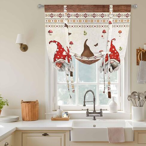 Boho Gnomes Tie Up Curtains for Window, Farmhouse Vintage Geometric Mushroom Brown Thermal Insulated Balloon Shade Adjustable Rod Pocket Curtains Valance Panels for Kitchen Bathroom Café 42'' x 63'' in Saudi Arabia