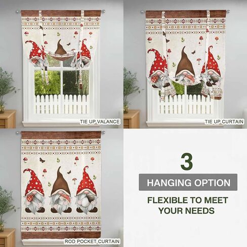 Boho Gnomes Tie Up Curtains for Window, Farmhouse Vintage Geometric Mushroom Brown Thermal Insulated Balloon Shade Adjustable Rod Pocket Curtains Valance Panels for Kitchen Bathroom Café 42'' x 63'' in Saudi Arabia