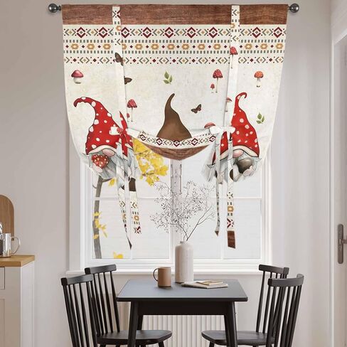 Boho Gnomes Tie Up Curtains for Window, Farmhouse Vintage Geometric Mushroom Brown Thermal Insulated Balloon Shade Adjustable Rod Pocket Curtains Valance Panels for Kitchen Bathroom Café 42'' x 63'' in Saudi Arabia