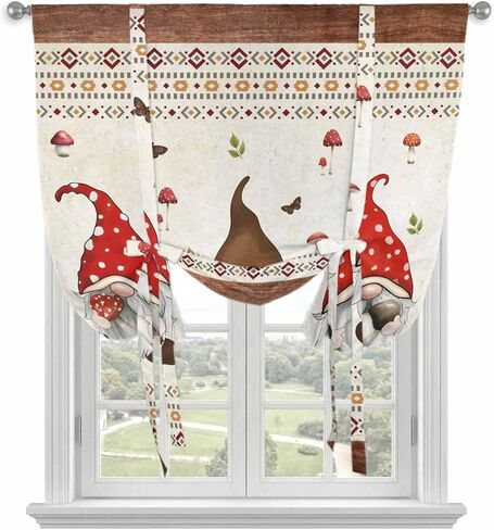 Boho Gnomes Tie Up Curtains for Window, Farmhouse Vintage Geometric Mushroom Brown Thermal Insulated Balloon Shade Adjustable Rod Pocket Curtains Valance Panels for Kitchen Bathroom Café 42'' x 63'' in Saudi Arabia