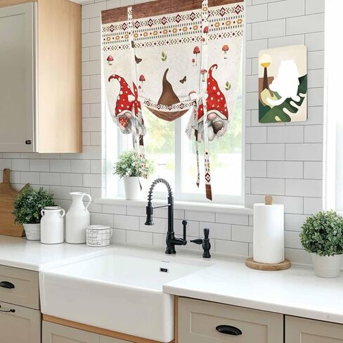 Boho Gnomes Tie Up Curtains for Window, Farmhouse Vintage Geometric Mushroom Brown Thermal Insulated Balloon Shade Adjustable Rod Pocket Curtains Valance Panels for Kitchen Bathroom Café 42'' x 63'' in Saudi Arabia