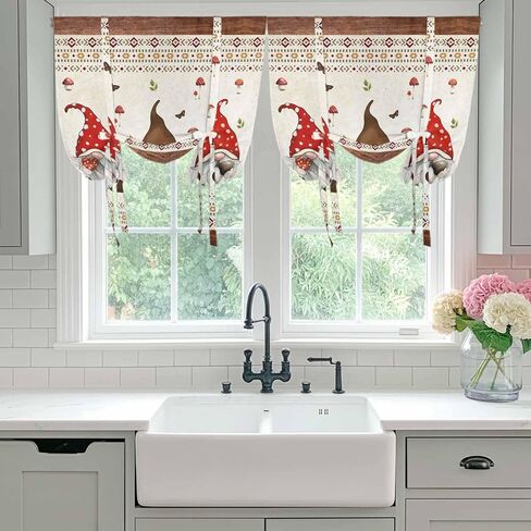 Boho Gnomes Tie Up Curtains for Window, Farmhouse Vintage Geometric Mushroom Brown Thermal Insulated Balloon Shade Adjustable Rod Pocket Curtains Valance Panels for Kitchen Bathroom Café 42'' x 63'' in Saudi Arabia