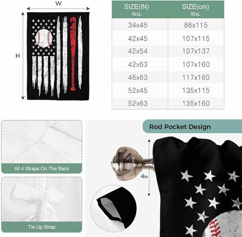 American Flag Tie Up Curtains for Window, US Flag Baseball Stars Vintage Black Thermal Insulated Balloon Shade Adjustable Rod Pocket Curtains Valance Panels for Kitchen Bathroom Café 34'' x 45'' in Saudi Arabia