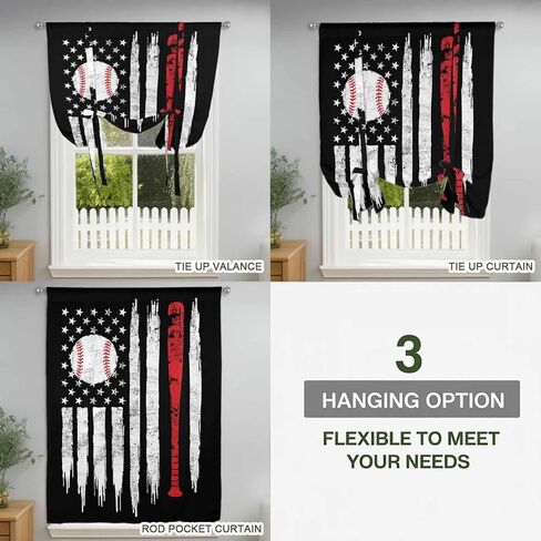 American Flag Tie Up Curtains for Window, US Flag Baseball Stars Vintage Black Thermal Insulated Balloon Shade Adjustable Rod Pocket Curtains Valance Panels for Kitchen Bathroom Café 34'' x 45'' in Saudi Arabia