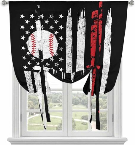 American Flag Tie Up Curtains for Window, US Flag Baseball Stars Vintage Black Thermal Insulated Balloon Shade Adjustable Rod Pocket Curtains Valance Panels for Kitchen Bathroom Café 34'' x 45'' in Saudi Arabia