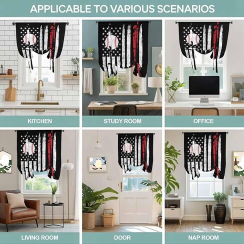 American Flag Tie Up Curtains for Window, US Flag Baseball Stars Vintage Black Thermal Insulated Balloon Shade Adjustable Rod Pocket Curtains Valance Panels for Kitchen Bathroom Café 34'' x 45'' in Saudi Arabia