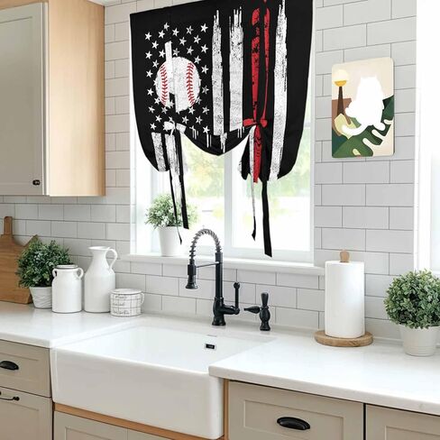 American Flag Tie Up Curtains for Window, US Flag Baseball Stars Vintage Black Thermal Insulated Balloon Shade Adjustable Rod Pocket Curtains Valance Panels for Kitchen Bathroom Café 34'' x 45'' in Saudi Arabia