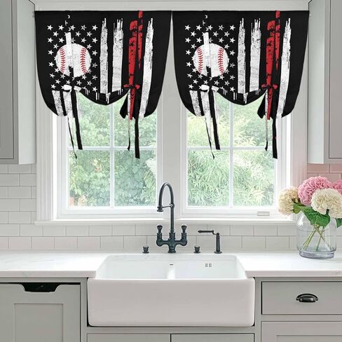 American Flag Tie Up Curtains for Window, US Flag Baseball Stars Vintage Black Thermal Insulated Balloon Shade Adjustable Rod Pocket Curtains Valance Panels for Kitchen Bathroom Café 34'' x 45'' in Saudi Arabia