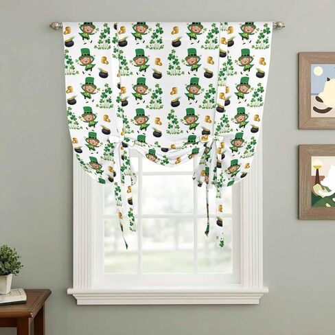 St. Patrick's Day Tie Up Curtains for Window, Green Shamrock Gingerbread Man Gold Coin Thermal Balloon Shade Adjustable Rod Pocket Curtains Valance Panels for Kitchen Bathroom Café 34'' x 45'' in Saudi Arabia