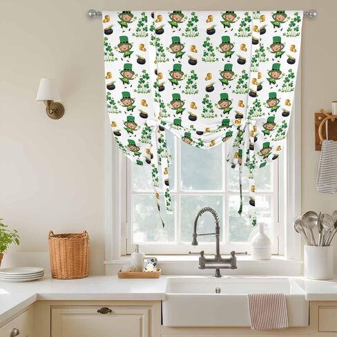 St. Patrick's Day Tie Up Curtains for Window, Green Shamrock Gingerbread Man Gold Coin Thermal Balloon Shade Adjustable Rod Pocket Curtains Valance Panels for Kitchen Bathroom Café 34'' x 45'' in Saudi Arabia
