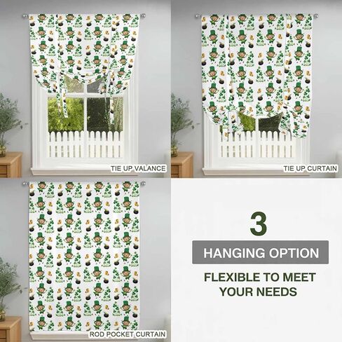 St. Patrick's Day Tie Up Curtains for Window, Green Shamrock Gingerbread Man Gold Coin Thermal Balloon Shade Adjustable Rod Pocket Curtains Valance Panels for Kitchen Bathroom Café 34'' x 45'' in Saudi Arabia