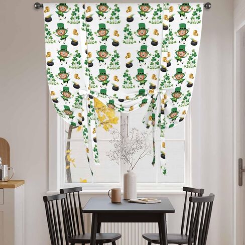 St. Patrick's Day Tie Up Curtains for Window, Green Shamrock Gingerbread Man Gold Coin Thermal Balloon Shade Adjustable Rod Pocket Curtains Valance Panels for Kitchen Bathroom Café 34'' x 45'' in Saudi Arabia