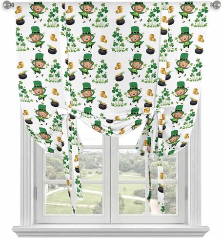 St. Patrick's Day Tie Up Curtains for Window, Green Shamrock Gingerbread Man Gold Coin Thermal Balloon Shade Adjustable Rod Pocket Curtains Valance Panels for Kitchen Bathroom Café 34'' x 45'' in Saudi Arabia
