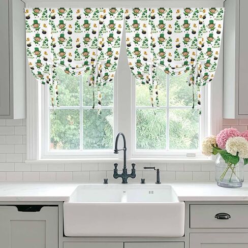 St. Patrick's Day Tie Up Curtains for Window, Green Shamrock Gingerbread Man Gold Coin Thermal Balloon Shade Adjustable Rod Pocket Curtains Valance Panels for Kitchen Bathroom Café 34'' x 45'' in Saudi Arabia