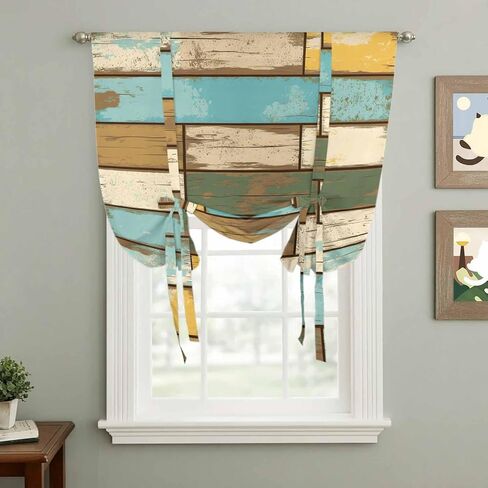 Brown Blue Vintage Tie Up Curtains for Window, Retro Farmhouse Elegant Pastoral Thermal Insulated Balloon Shade Adjustable Rod Pocket Curtains Valance Panels for Kitchen Bathroom Café 42'' x 45'' in Kuwait