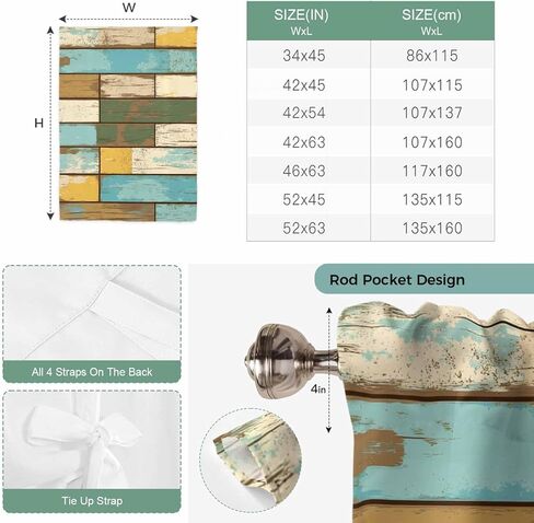 Brown Blue Vintage Tie Up Curtains for Window, Retro Farmhouse Elegant Pastoral Thermal Insulated Balloon Shade Adjustable Rod Pocket Curtains Valance Panels for Kitchen Bathroom Café 42'' x 45'' in Kuwait