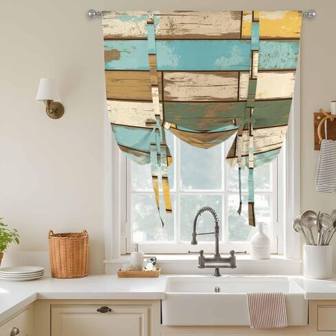 Brown Blue Vintage Tie Up Curtains for Window, Retro Farmhouse Elegant Pastoral Thermal Insulated Balloon Shade Adjustable Rod Pocket Curtains Valance Panels for Kitchen Bathroom Café 42'' x 45'' in Kuwait