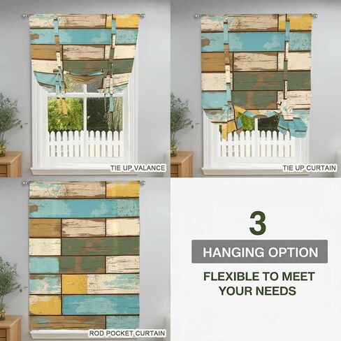 Brown Blue Vintage Tie Up Curtains for Window, Retro Farmhouse Elegant Pastoral Thermal Insulated Balloon Shade Adjustable Rod Pocket Curtains Valance Panels for Kitchen Bathroom Café 42'' x 45'' in Kuwait