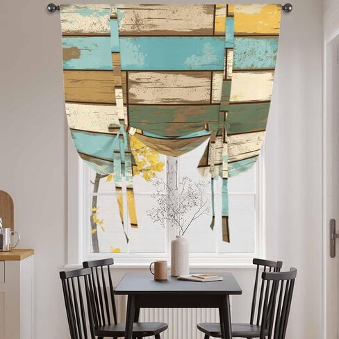 Brown Blue Vintage Tie Up Curtains for Window, Retro Farmhouse Elegant Pastoral Thermal Insulated Balloon Shade Adjustable Rod Pocket Curtains Valance Panels for Kitchen Bathroom Café 42'' x 45'' in Kuwait