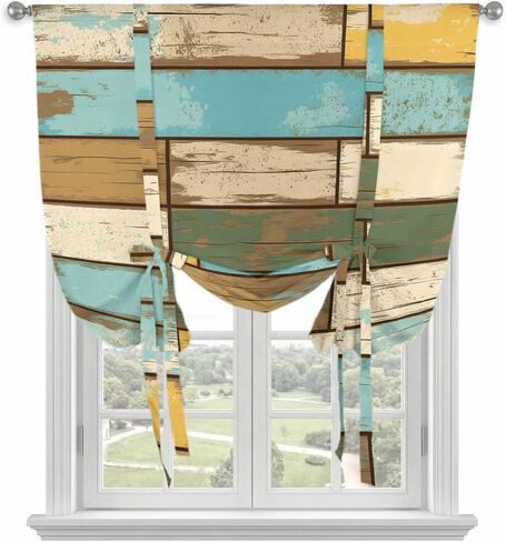 Brown Blue Vintage Tie Up Curtains for Window, Retro Farmhouse Elegant Pastoral Thermal Insulated Balloon Shade Adjustable Rod Pocket Curtains Valance Panels for Kitchen Bathroom Café 42'' x 45'' in Kuwait