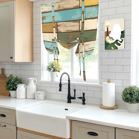 Brown Blue Vintage Tie Up Curtains for Window, Retro Farmhouse Elegant Pastoral Thermal Insulated Balloon Shade Adjustable Rod Pocket Curtains Valance Panels for Kitchen Bathroom Café 42'' x 45'' in Kuwait