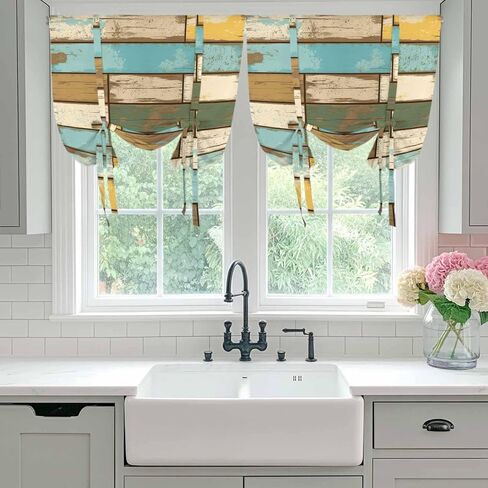 Brown Blue Vintage Tie Up Curtains for Window, Retro Farmhouse Elegant Pastoral Thermal Insulated Balloon Shade Adjustable Rod Pocket Curtains Valance Panels for Kitchen Bathroom Café 42'' x 45'' in Kuwait