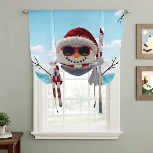 Coastal Christmas Tie Up Curtains for Window, Beach Snowman Seaside Holiday Thermal Insulated Balloon Shade Adjustable Rod Pocket Curtains Valance Panels for Kitchen Bathroom Café 42'' x 63'' in Saudi Arabia