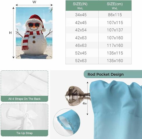 Coastal Christmas Tie Up Curtains for Window, Beach Snowman Seaside Holiday Thermal Insulated Balloon Shade Adjustable Rod Pocket Curtains Valance Panels for Kitchen Bathroom Café 42'' x 63'' in Saudi Arabia