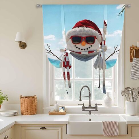 Coastal Christmas Tie Up Curtains for Window, Beach Snowman Seaside Holiday Thermal Insulated Balloon Shade Adjustable Rod Pocket Curtains Valance Panels for Kitchen Bathroom Café 42'' x 63'' in Saudi Arabia