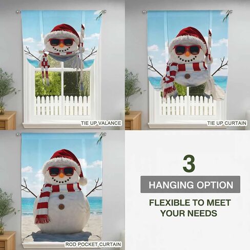 Coastal Christmas Tie Up Curtains for Window, Beach Snowman Seaside Holiday Thermal Insulated Balloon Shade Adjustable Rod Pocket Curtains Valance Panels for Kitchen Bathroom Café 42'' x 63'' in Saudi Arabia