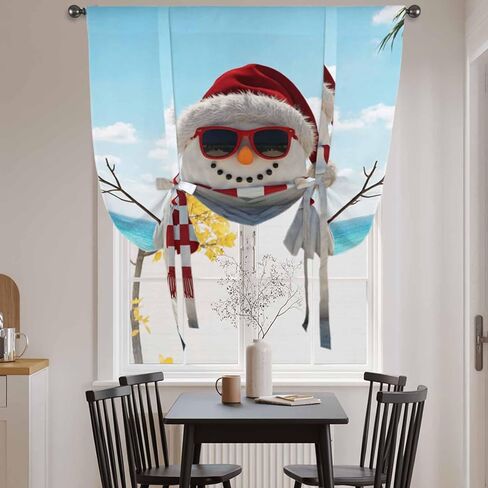 Coastal Christmas Tie Up Curtains for Window, Beach Snowman Seaside Holiday Thermal Insulated Balloon Shade Adjustable Rod Pocket Curtains Valance Panels for Kitchen Bathroom Café 42'' x 63'' in Saudi Arabia
