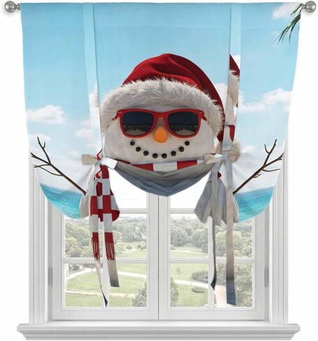Coastal Christmas Tie Up Curtains for Window, Beach Snowman Seaside Holiday Thermal Insulated Balloon Shade Adjustable Rod Pocket Curtains Valance Panels for Kitchen Bathroom Café 42'' x 63'' in Saudi Arabia