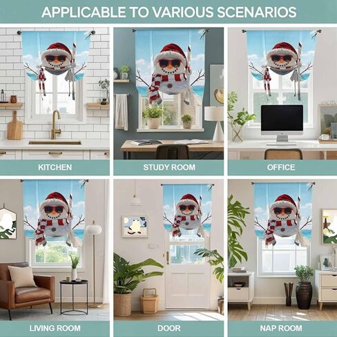 Coastal Christmas Tie Up Curtains for Window, Beach Snowman Seaside Holiday Thermal Insulated Balloon Shade Adjustable Rod Pocket Curtains Valance Panels for Kitchen Bathroom Café 42'' x 63'' in Saudi Arabia