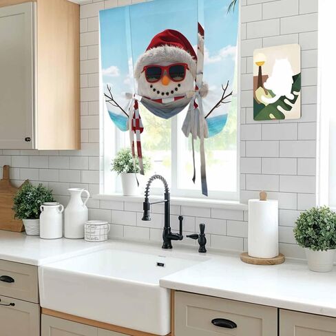 Coastal Christmas Tie Up Curtains for Window, Beach Snowman Seaside Holiday Thermal Insulated Balloon Shade Adjustable Rod Pocket Curtains Valance Panels for Kitchen Bathroom Café 42'' x 63'' in Saudi Arabia
