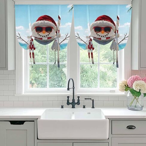 Coastal Christmas Tie Up Curtains for Window, Beach Snowman Seaside Holiday Thermal Insulated Balloon Shade Adjustable Rod Pocket Curtains Valance Panels for Kitchen Bathroom Café 42'' x 63'' in Saudi Arabia