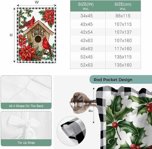 Christmas Cardinal Tie Up Curtains for Window, Winter Xmas Holly Poinsettia Plaid Thermal Insulated Balloon Shade Adjustable Rod Pocket Curtains Valance Panels for Kitchen Bathroom Café 34'' x 45'' in Saudi Arabia