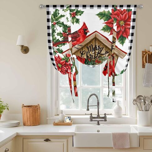 Christmas Cardinal Tie Up Curtains for Window, Winter Xmas Holly Poinsettia Plaid Thermal Insulated Balloon Shade Adjustable Rod Pocket Curtains Valance Panels for Kitchen Bathroom Café 34'' x 45'' in Saudi Arabia