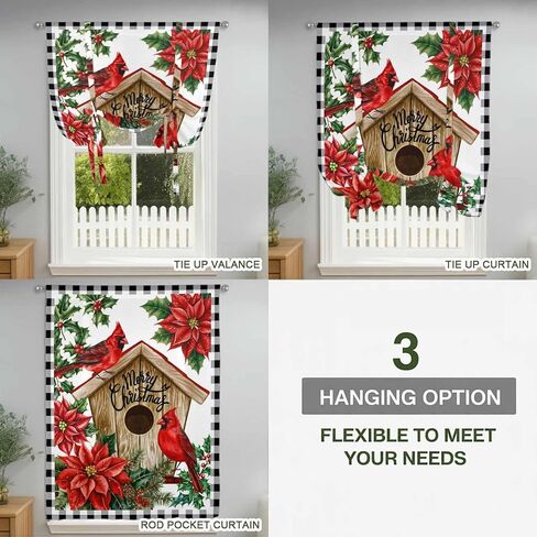 Christmas Cardinal Tie Up Curtains for Window, Winter Xmas Holly Poinsettia Plaid Thermal Insulated Balloon Shade Adjustable Rod Pocket Curtains Valance Panels for Kitchen Bathroom Café 34'' x 45'' in Saudi Arabia